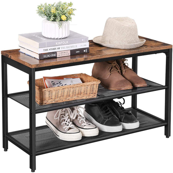 Shoe Rack With 2 Mesh Shelves Rustic Brown And Black Shoe Racks