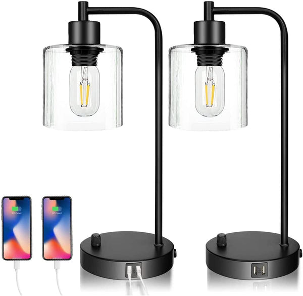 2X Pack Industrial Table Lamp With Usb Port For Bedside Nightstand Desk And Living Room Office (Bulb Not Included) Lamps