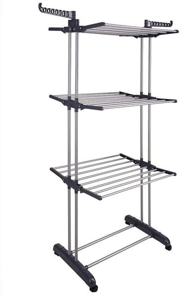 3 Tier Foldable Clothes Drying Rack Indoor Laundry Hanger Stand Rail Hooks & Hangers