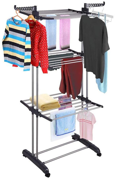 3 Tier Foldable Clothes Drying Rack Indoor Laundry Hanger Stand Rail Hooks & Hangers