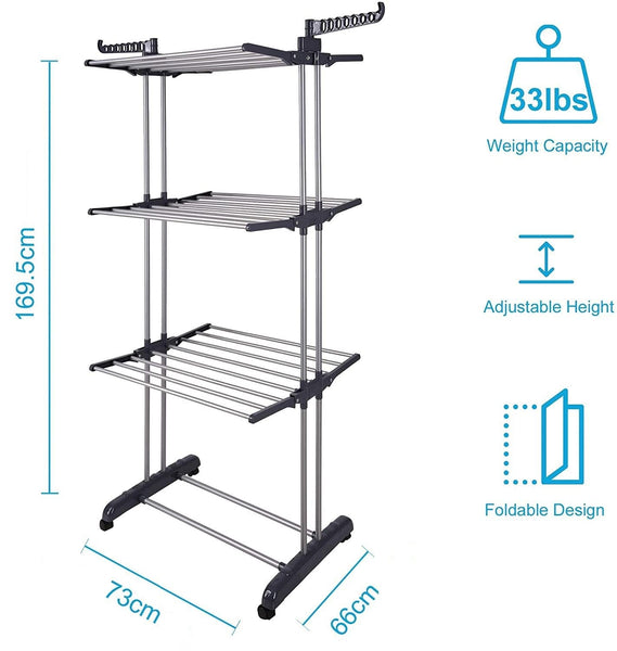 3 Tier Foldable Clothes Drying Rack Indoor Laundry Hanger Stand Rail Hooks & Hangers