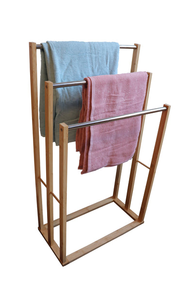 Bamboo Towel Bar Metal Holder Rack 3 Tier Freestanding For Bathroom And Bedroom Towel Racks