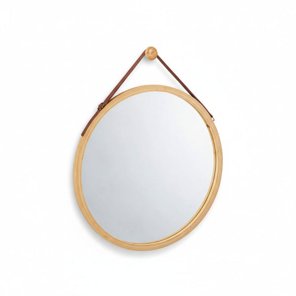 Hanging Round Wall Mirror 45 Cm Solid Bamboo Frame And Adjustable Leather Strap For Bathroom Bedroom Mirrors
