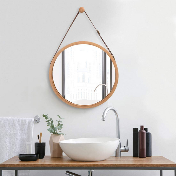 Hanging Round Wall Mirror 45 Cm Solid Bamboo Frame And Adjustable Leather Strap For Bathroom Bedroom Mirrors