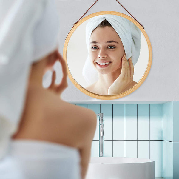 Hanging Round Wall Mirror 45 Cm Solid Bamboo Frame And Adjustable Leather Strap For Bathroom Bedroom Mirrors