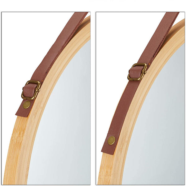 Hanging Round Wall Mirror 45 Cm Solid Bamboo Frame And Adjustable Leather Strap For Bathroom Bedroom Mirrors