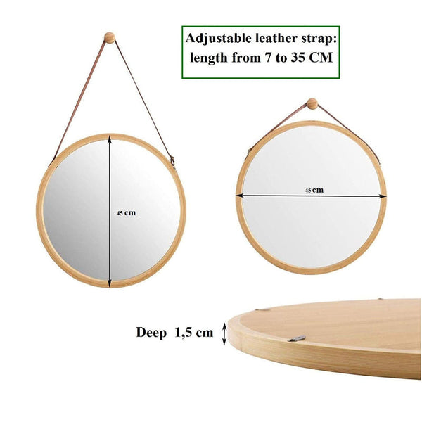 Hanging Round Wall Mirror 45 Cm Solid Bamboo Frame And Adjustable Leather Strap For Bathroom Bedroom Mirrors
