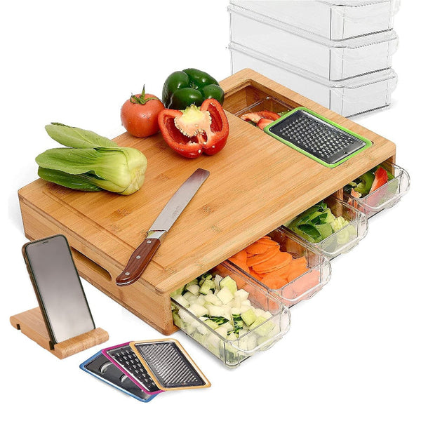 Large Bamboo Cutting Board And 4 Containers With Mobile Holder Gift Included For Home Kitchen Cutting Boards