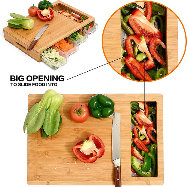 Large Bamboo Cutting Board And 4 Containers With Mobile Holder Gift Included For Home Kitchen Cutting Boards