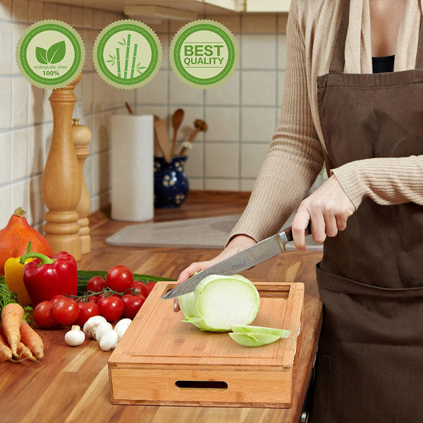 Large Bamboo Cutting Board And 4 Containers With Mobile Holder Gift Included For Home Kitchen Cutting Boards