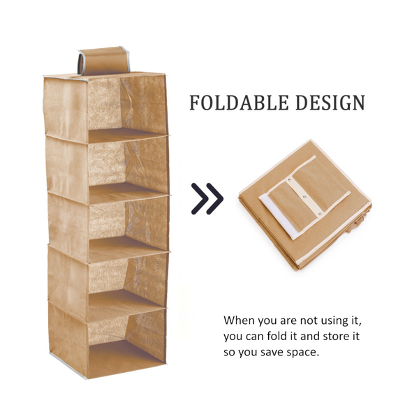 5 Tier Shelf Hanging Closet Organizer And Storage For Clothes (Beige) Closet Organisers