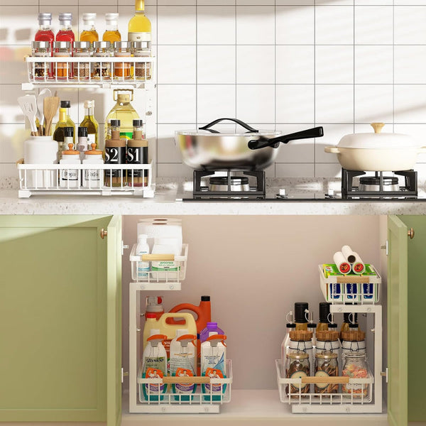 Carla Home 2 Tier Kitchen Under Sink Organiser Storage With Height Unique Slide Rail & Suction Cups For Sink Organisers