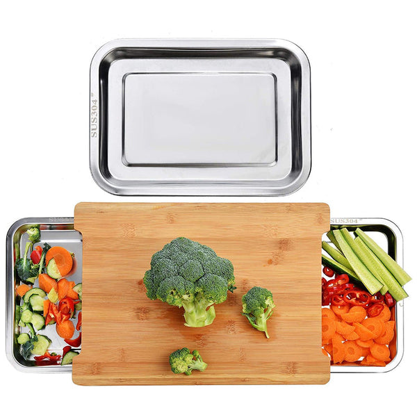 Carla Home Chopping Board With 2 Organiser Stainless Steel Trays Containers Cutting Boards