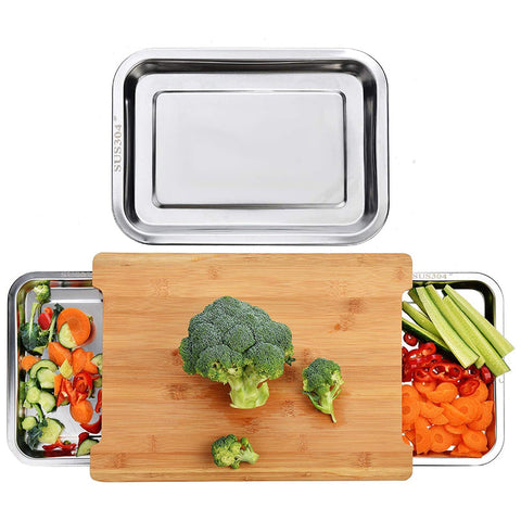 Carla Home Chopping Board With 2 Organiser Stainless Steel Trays Containers Cutting Boards