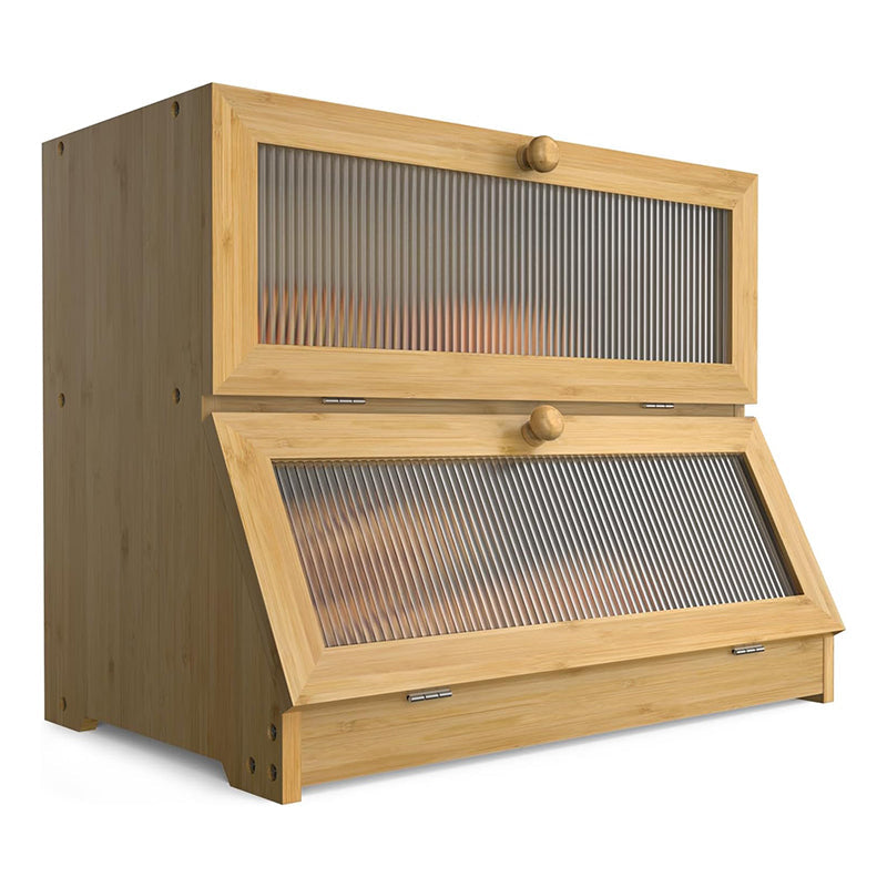 Carla Home Double Layer Bamboo Bread Box For Kitchen Counter With Large Capacity And Clear Bread Bins