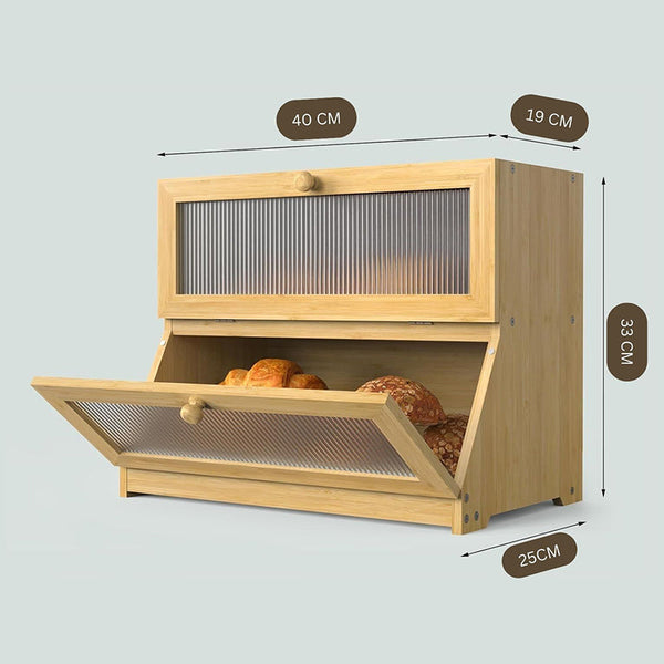 Carla Home Double Layer Bamboo Bread Box For Kitchen Counter With Large Capacity And Clear Bread Bins