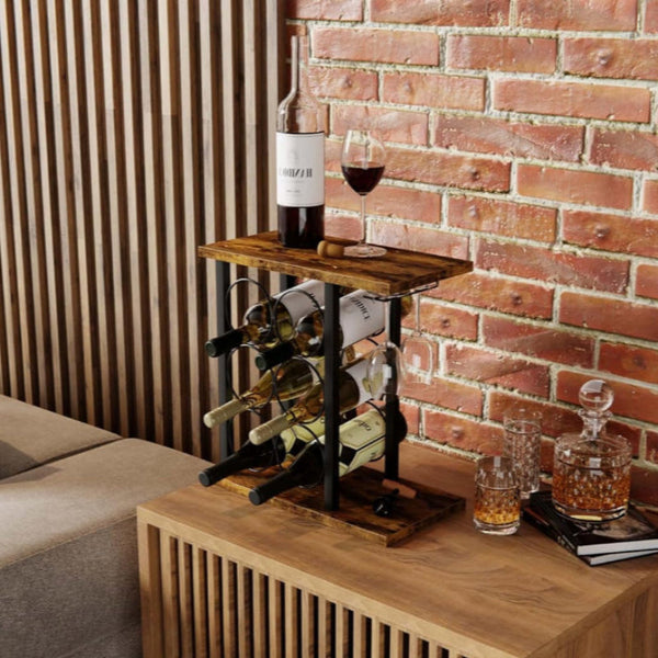 Carla Home Wine Rack Countertop Metal Holder For 6 Bottles And 2 Glasses Racks