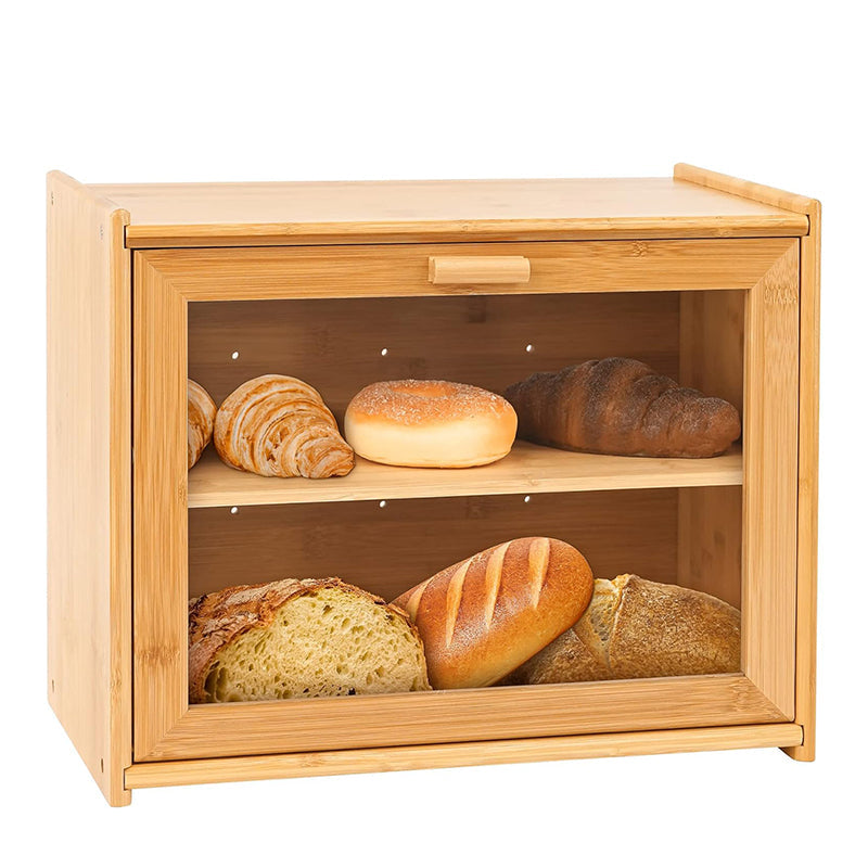 Carla Home Double Layer Bamboo Bread Box For Kitchen Counter With Large Capacity And Transparent Bread Bins