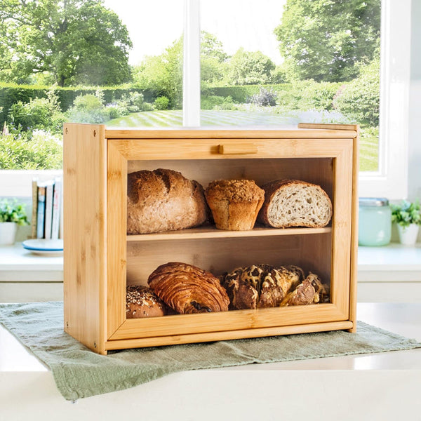 Carla Home Double Layer Bamboo Bread Box For Kitchen Counter With Large Capacity And Transparent Bread Bins