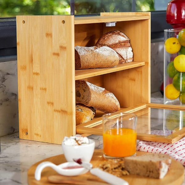 Carla Home Double Layer Bamboo Bread Box For Kitchen Counter With Large Capacity And Transparent Bread Bins