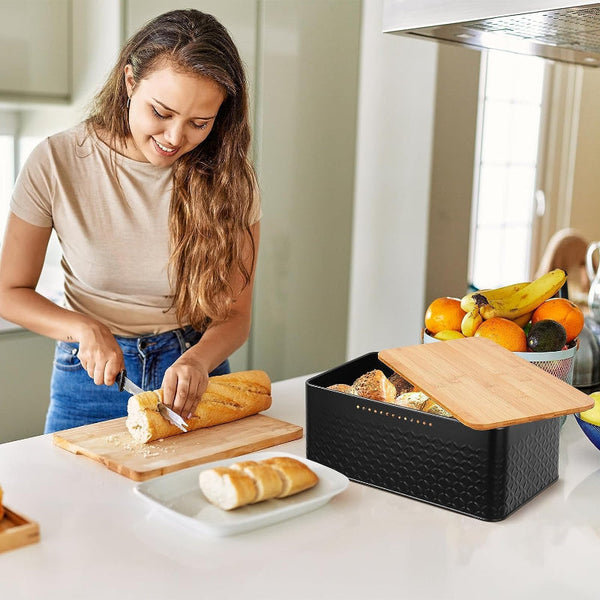 Carla Home Bread Bin With Bamboo Lid Used As Chopping Board For Kitchen Countertop Bread Bins