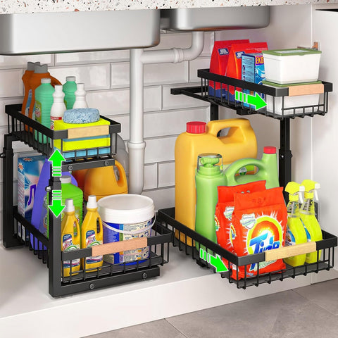 Carla Home 2 Tier Under Sink Kitchen Organiser Set With Adjustable Slide Rail And Suction Cups Sink Organisers