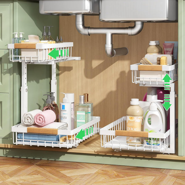 Carla Home 2 Tier Under Sink Organiser Set With Adjustable Slide Rail For Kitchen Storage Sink Organisers