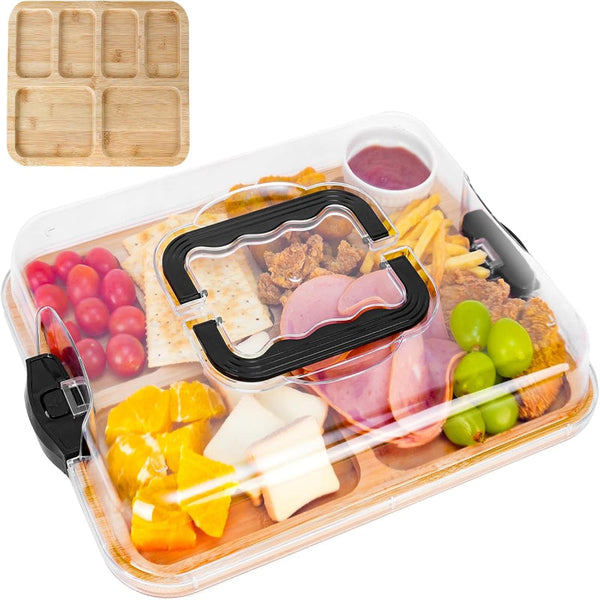 Carla Home Bamboo Charcuterie Board With Lid & Handle Ideal Gift For Kitchen Party Picnic (6 Compartments) Trays