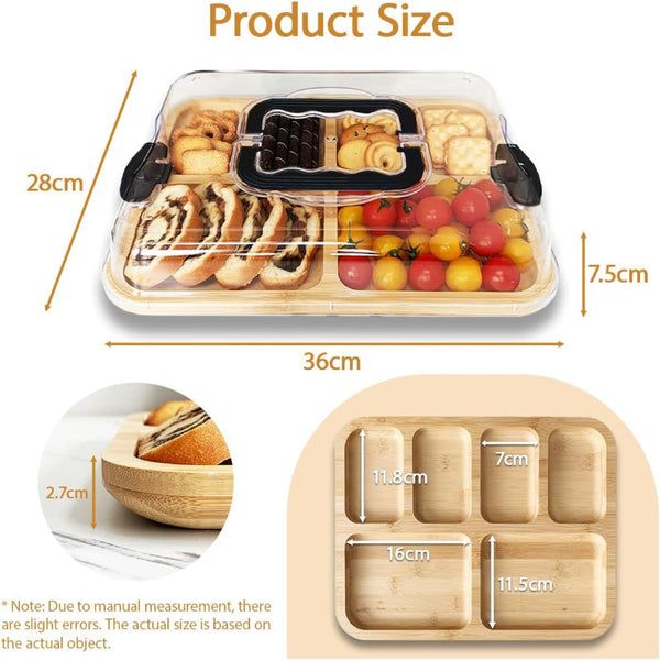 Carla Home Bamboo Charcuterie Board With Lid & Handle Ideal Gift For Kitchen Party Picnic (6 Compartments) Trays