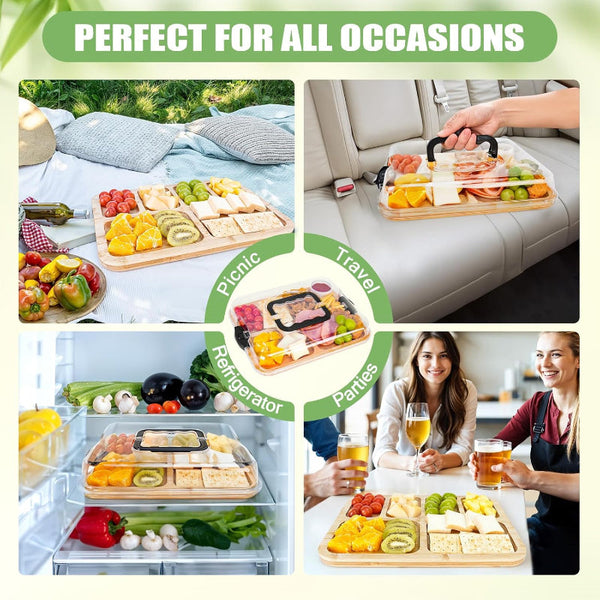 Carla Home Bamboo Charcuterie Board With Lid & Handle Ideal Gift For Kitchen Party Picnic (6 Compartments) Trays