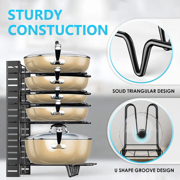 Carla Home Adjustable 8 Tier Pan Rack Pot Organizer For Kitchen Cabinet Racks & Holders
