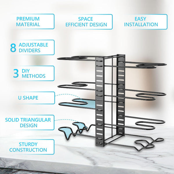 Carla Home Adjustable 8 Tier Pan Rack Pot Organizer For Kitchen Cabinet Racks & Holders
