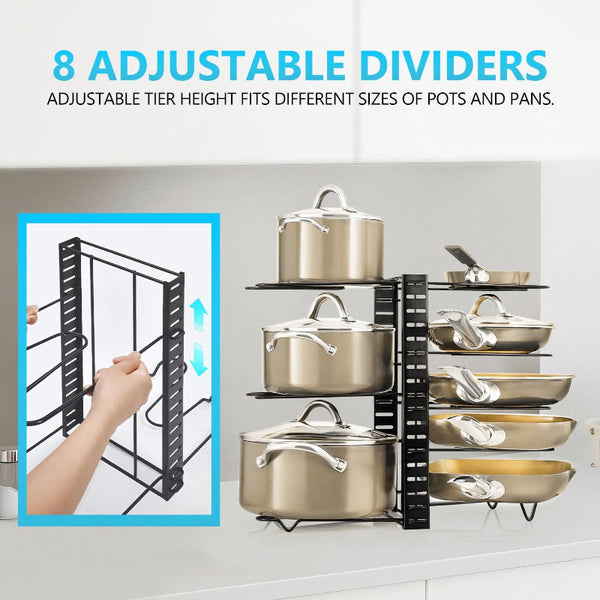 Carla Home Adjustable 8 Tier Pan Rack Pot Organizer For Kitchen Cabinet Racks & Holders