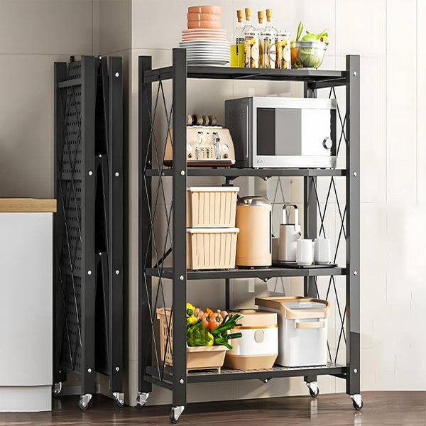 Carla Home 4 Tier Foldable Storage Shelf With Wheels For Kitchen Garage Pantry Or Basement (Black) Kitchen Carts