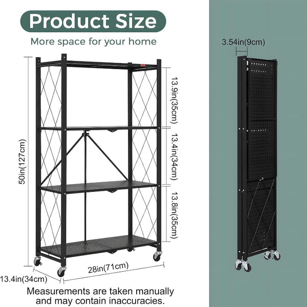 Carla Home 4 Tier Foldable Storage Shelf With Wheels For Kitchen Garage Pantry Or Basement (Black) Kitchen Carts