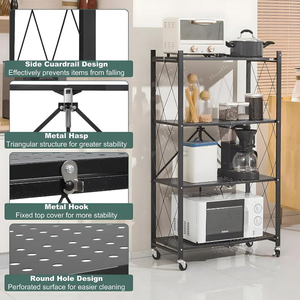 Carla Home 4 Tier Foldable Storage Shelf With Wheels For Kitchen Garage Pantry Or Basement (Black) Kitchen Carts
