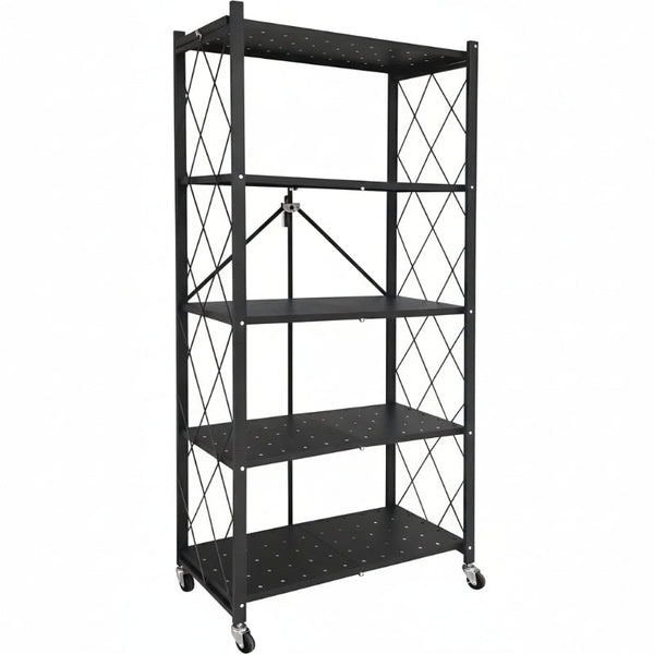 Carla Home 5 Tier Foldable Storage Shelf With Wheels For Kitchen Garage Pantry Or Basement (Black) Tool Shelving & Racking Systems