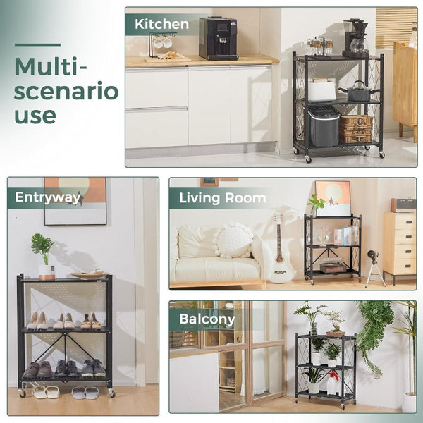 Carla Home 5 Tier Foldable Storage Shelf With Wheels For Kitchen Garage Pantry Or Basement (Black) Tool Shelving & Racking Systems