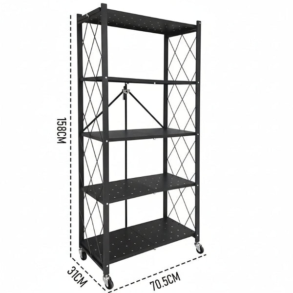 Carla Home 5 Tier Foldable Storage Shelf With Wheels For Kitchen Garage Pantry Or Basement (Black) Tool Shelving & Racking Systems