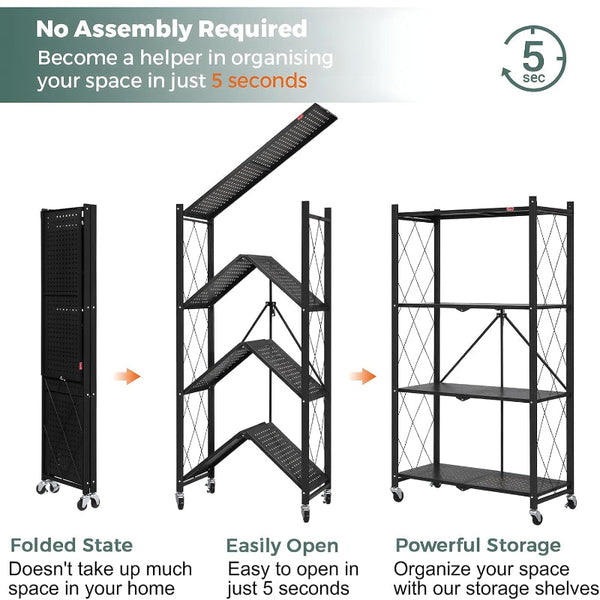 Carla Home 5 Tier Foldable Storage Shelf With Wheels For Kitchen Garage Pantry Or Basement (Black) Tool Shelving & Racking Systems