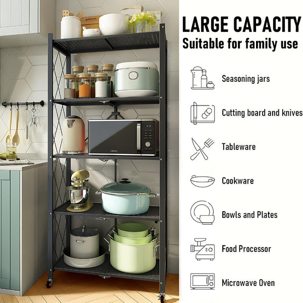 Carla Home 5 Tier Foldable Storage Shelf With Wheels For Kitchen Garage Pantry Or Basement (Black) Tool Shelving & Racking Systems