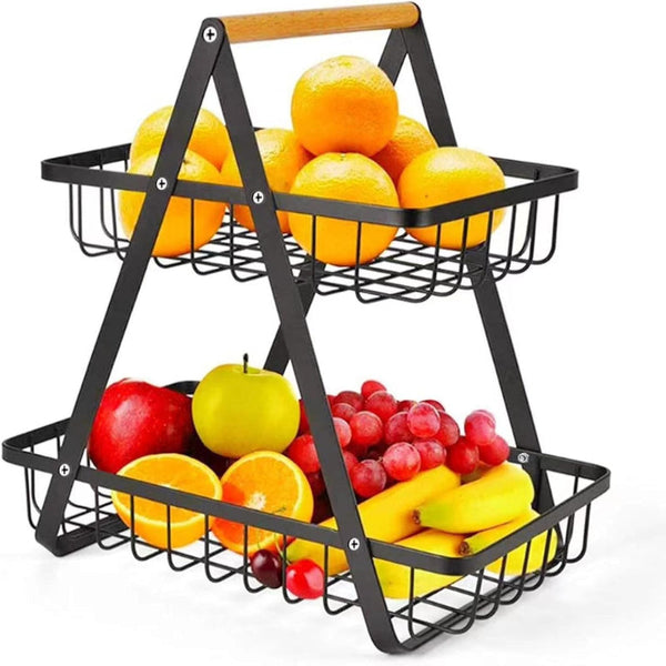 Carla Home 2 Tier Fruit Basket Stand For Kitchen Countertop Fruits Vegetables Bread & Snacks With Wooden Handle Storage Bins & Baskets