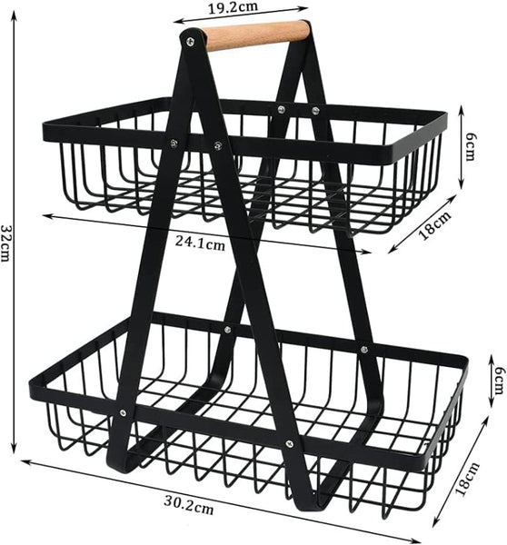 Carla Home 2 Tier Fruit Basket Stand For Kitchen Countertop Fruits Vegetables Bread & Snacks With Wooden Handle Storage Bins & Baskets