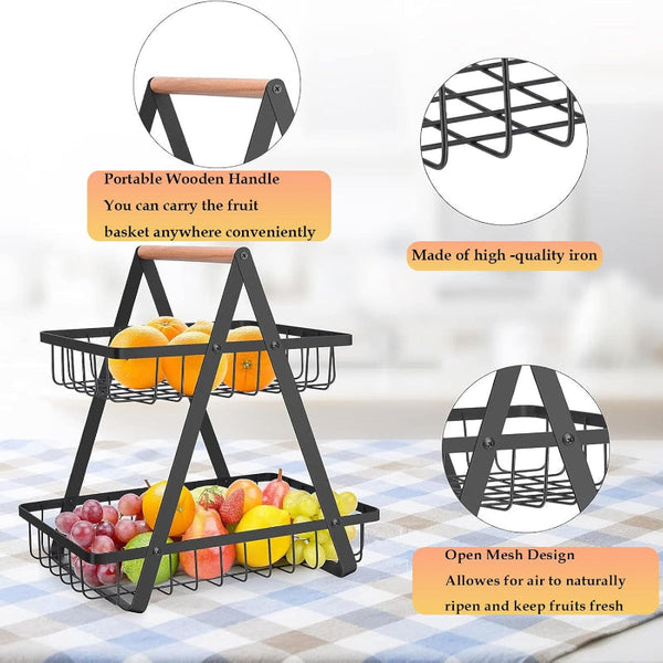 Carla Home 2 Tier Fruit Basket Stand For Kitchen Countertop Fruits Vegetables Bread & Snacks With Wooden Handle Storage Bins & Baskets