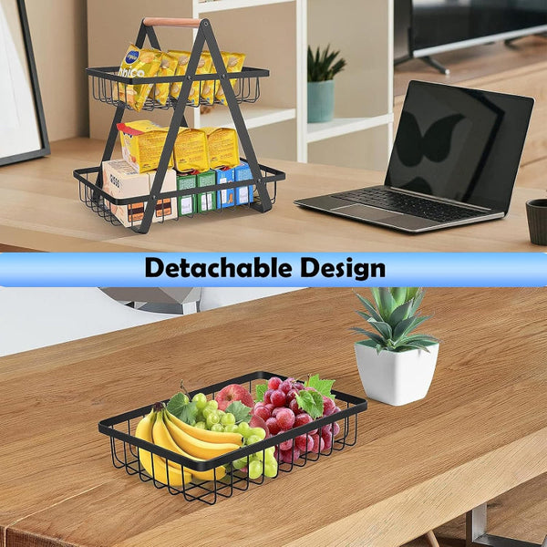 Carla Home 2 Tier Fruit Basket Stand For Kitchen Countertop Fruits Vegetables Bread & Snacks With Wooden Handle Storage Bins & Baskets