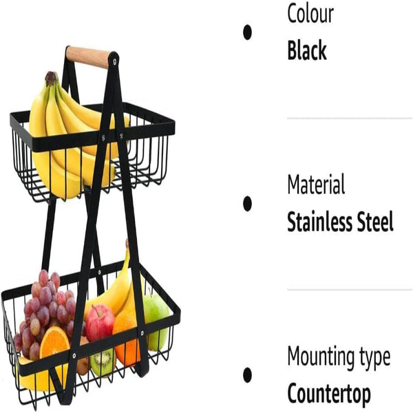 Carla Home 2 Tier Fruit Basket Stand For Kitchen Countertop Fruits Vegetables Bread & Snacks With Wooden Handle Storage Bins & Baskets