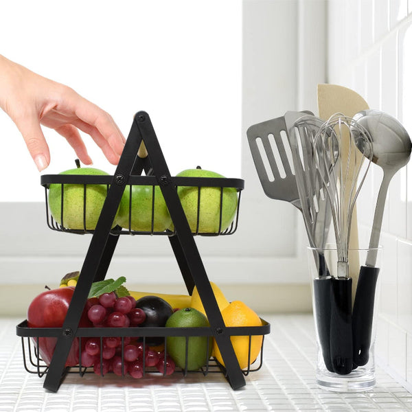 Carla Home 2 Tier Fruit Basket Stand For Kitchen Countertop Fruits Vegetables Bread & Snacks With Wooden Handle Storage Bins & Baskets