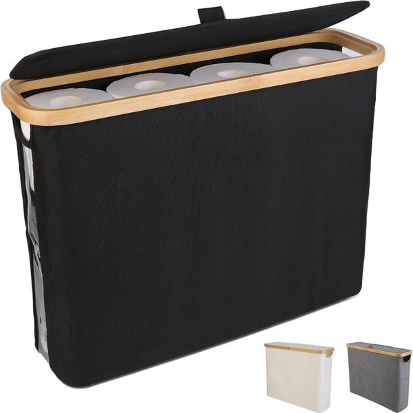 Carla Home Toilet Paper Storage Basket Holds Up 12 Rolls With Bamboo Lid And Handle For Rv Closet (Black) Toilet Paper Holders & Storage