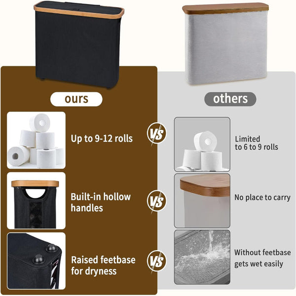 Carla Home Toilet Paper Storage Basket Holds Up 12 Rolls With Bamboo Lid And Handle For Rv Closet (Black) Toilet Paper Holders & Storage