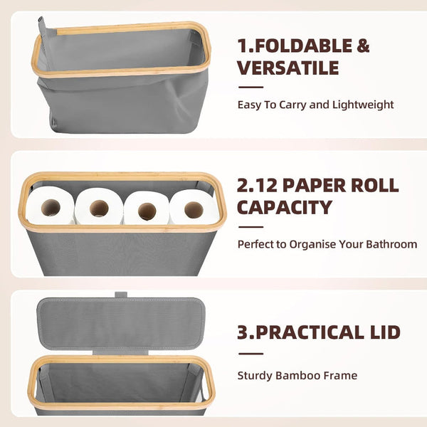 Carla Home Toilet Paper Storage Basket Holds Up 12 Rolls With Bamboo Lid And Handle For Rv Closet (Grey) Toilet Paper Holders & Storage